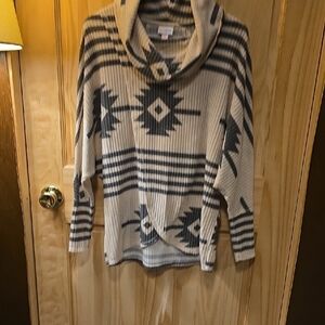 LuLaRoe Kristen Cream and Gray Geometric Cowl Neck Pullover